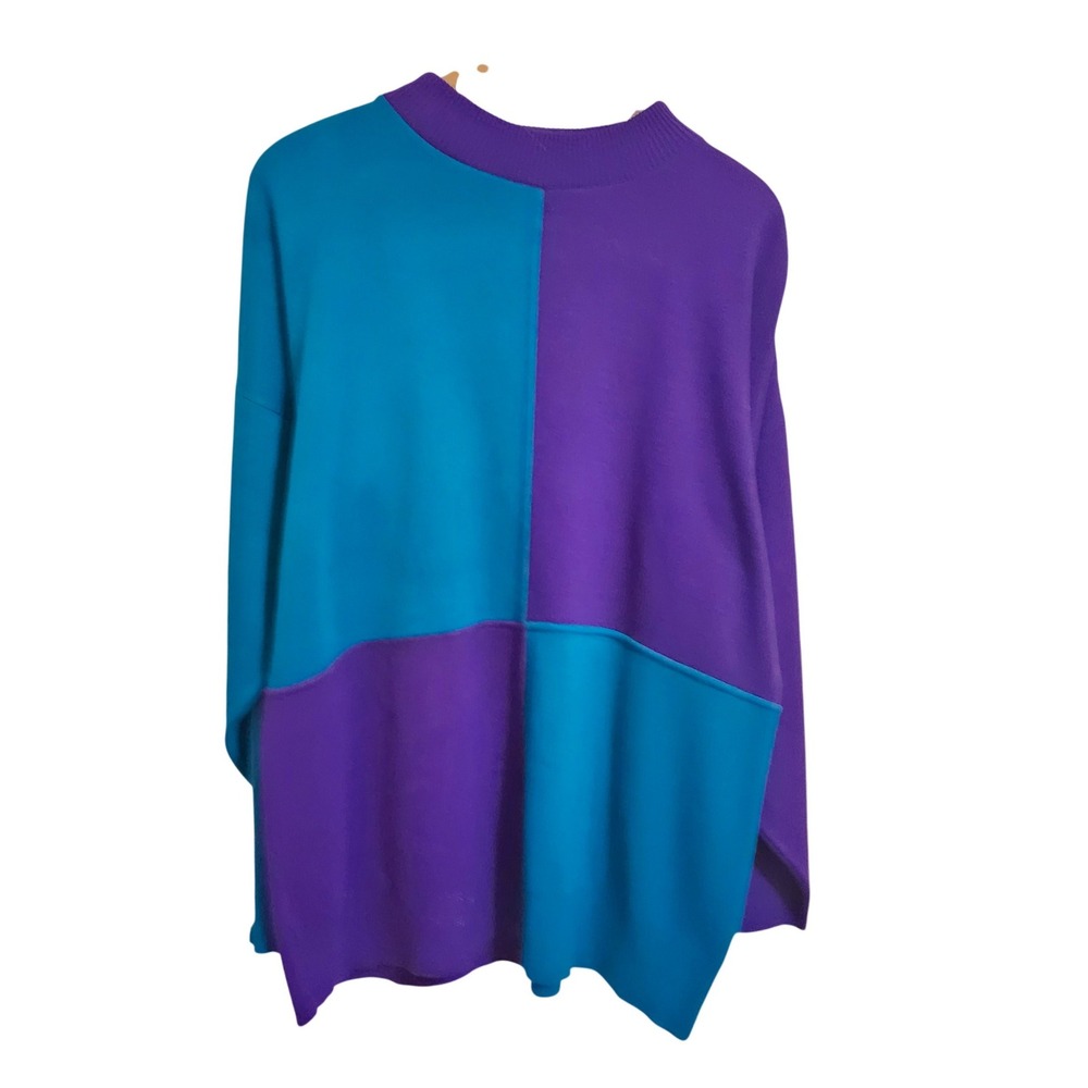 Casual Corner Sweater Womens XL Purple Teal Colorblock Vintage 90s Mock Neck